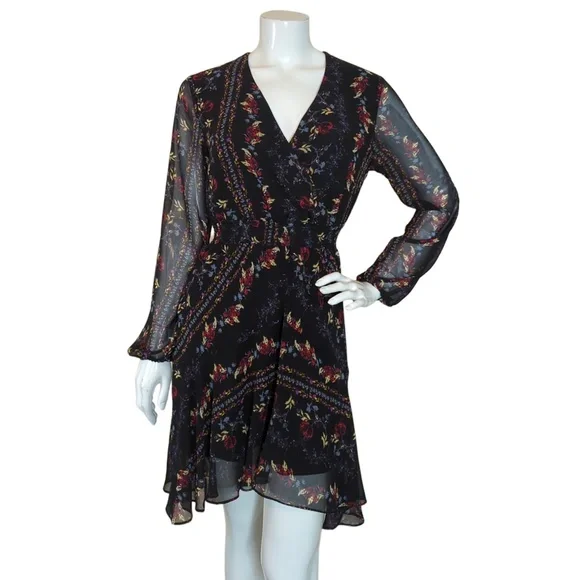 Guess Black Floral Faux Wrap Long Sleeve Mini Dress (no belt) - Picture 4 of 16